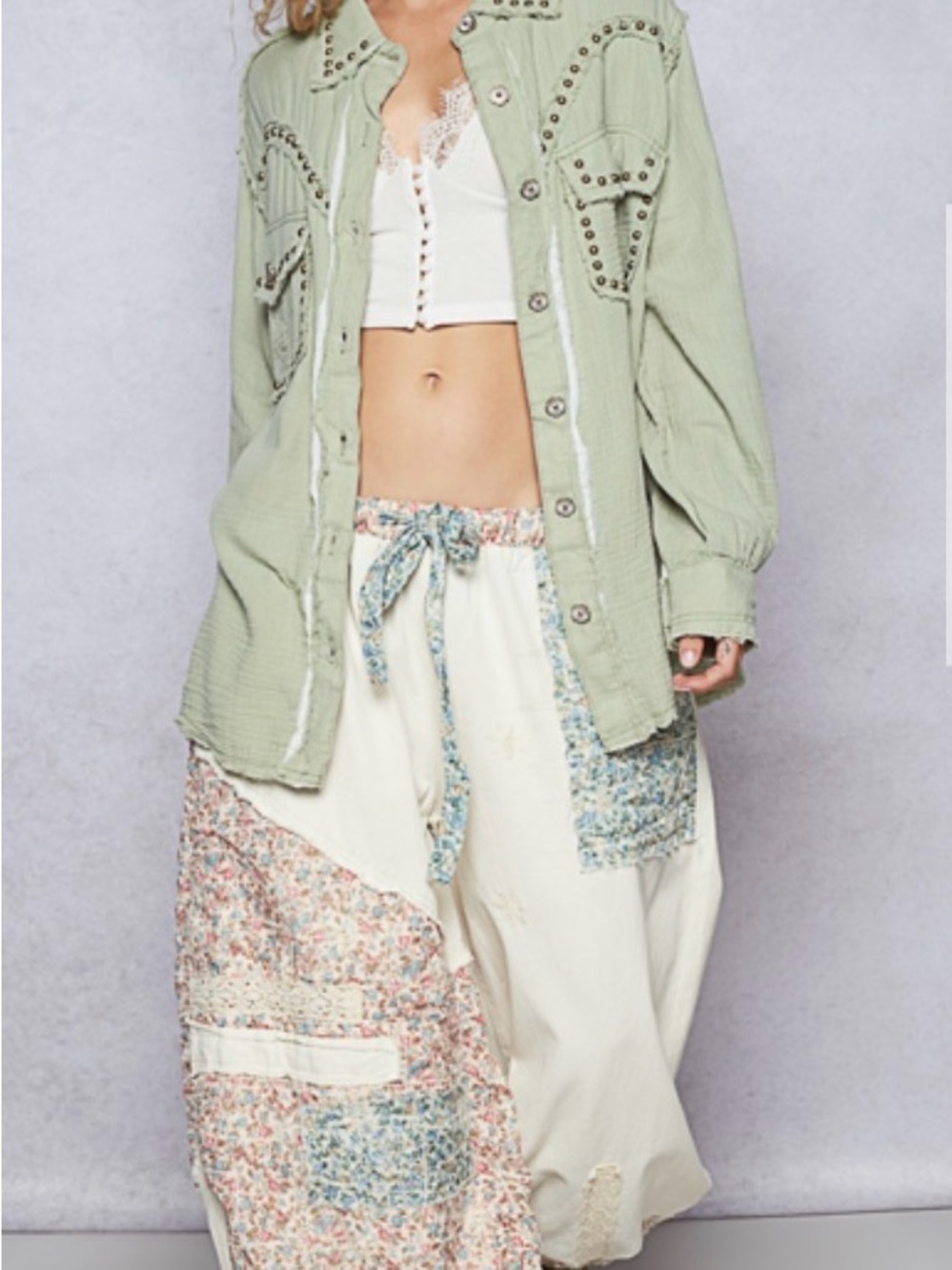 POL Light Sage Green Studded Button-Up Shirt Jacket
